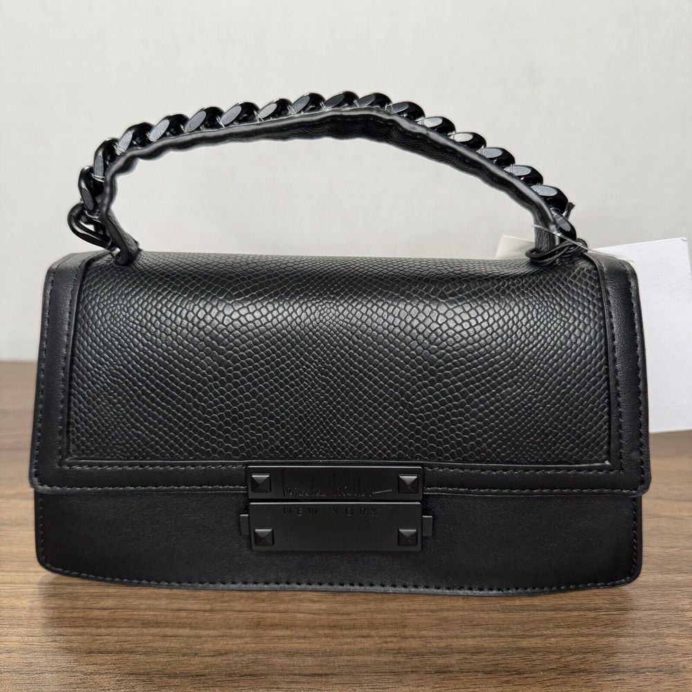 Nicole‎ Miller Black Chain Accent Faux Leather Small Crossbody Bag Strap NWT